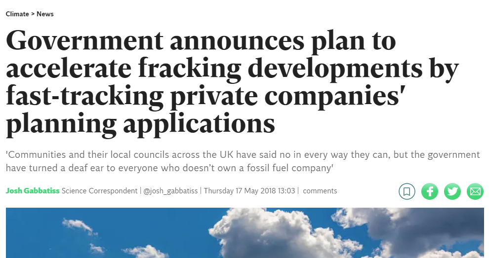 News headline: Government announces plan to accelerate fracking development, fast-tracking private companies' planning applications